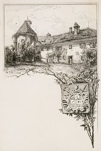 Kasteel van Bled met bisschoppelijk wapen door Ladislav Benesch